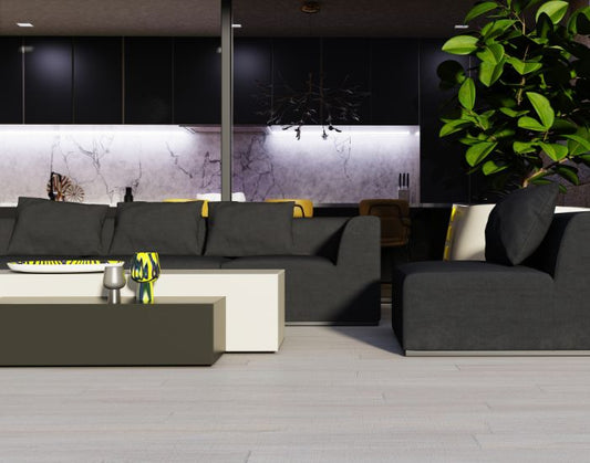 Sofas and the Blinde Design Bloc concrete coffee table in the colours bone and natural