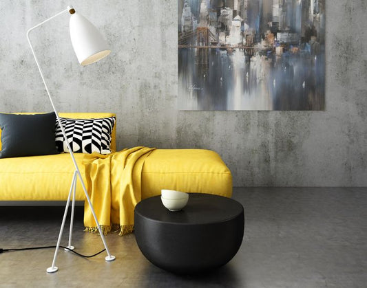 View of a sofa and the Blinde Design Circ M1 concrete coffee table in the colour graphite 