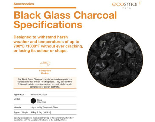 Specifications for the EcoSmart Fire Black Glass Charcoal: showing the material, colour and application