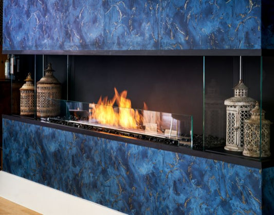Close up view of a kitchen with the EcoSmart Fire Flex 104BY.BX2 Bay Fireplace Insert