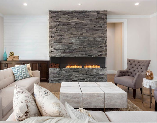 View of a living with the  EcoSmart Fire Flex 104BY.BXL Bay Fireplace Insert