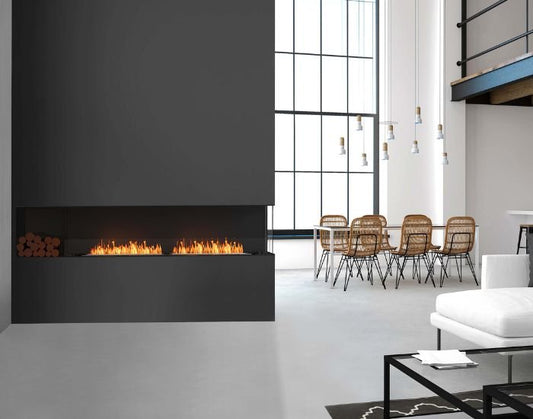 View of a living room with the EcoSmart Fire Flex 104RC.BXL Right Corner Fireplace Insert