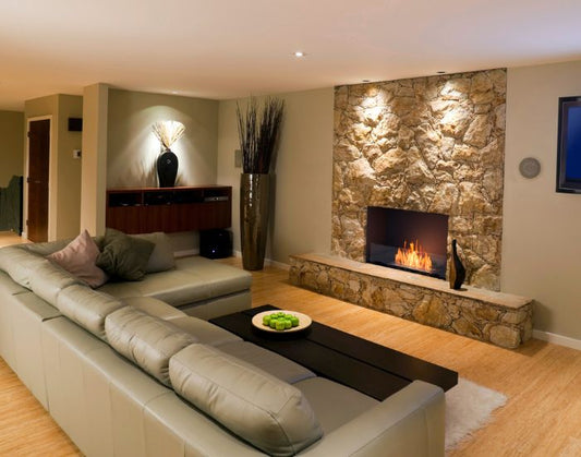 View of a living room with the EcoSmart Fire Flex 32SS Single Sided Fireplace Insert