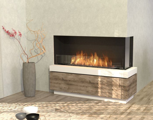 View of a living room with the EcoSmart Fire Flex 50RC Right Corner Fireplace Insert