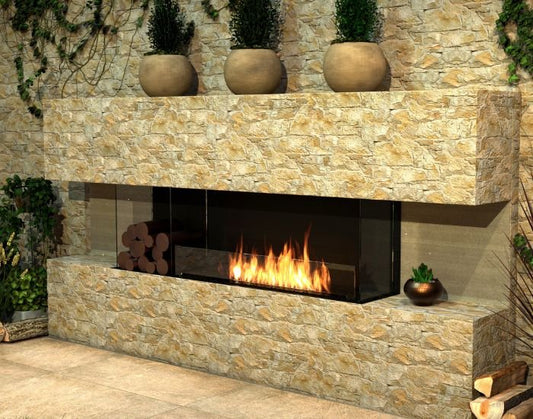 View of the EcoSmart Fire Flex 68BY.BXL Bay Fireplace Insert with the brass log set