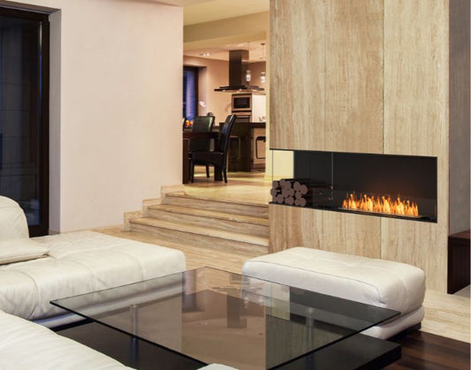 View of a living room with the EcoSmart Fire Flex 68LC.BXL Left Corner Fireplace Insert
