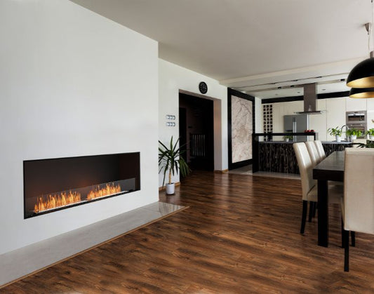 View of a living room with the EcoSmart Fire Flex 68SS Single Sided Fireplace Insert