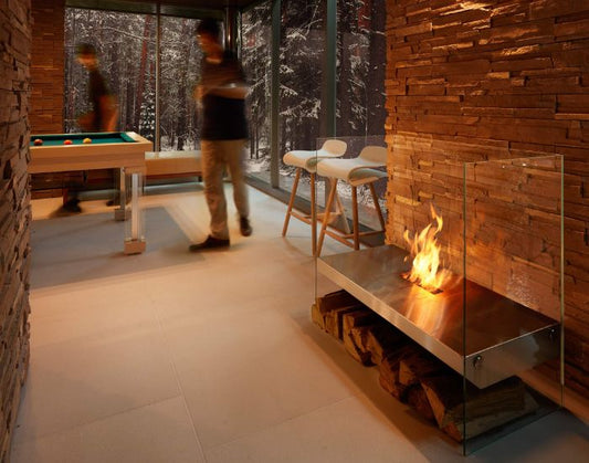 View of the EcoSmart Fire Igloo Designer Bioethanol Fireplace next to a pool table