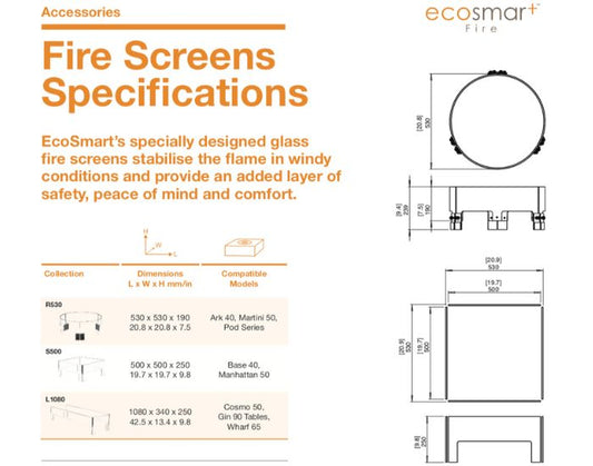 Specifications for the EcoSmart Fire L1080 Fire Screen: showing the materials, colour and application