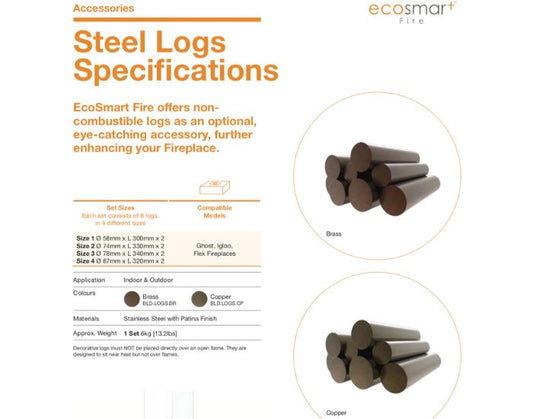 Specifications for the EcoSmart Fire Log Set Brass: showing the materials, colour and application
