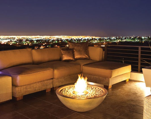 View of the EcoSmart Fire Mix 850 Bioethanol Fire Pit Bowl in the colour bone displaying a large flame