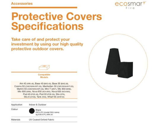 Specifications for the EcoSmart Fire Base 40 Protective Cover: showing the materials, colour and application