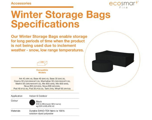Specifications for the EcoSmart Fire Tank Winter Storage Bag: showing the materials, colour and application
