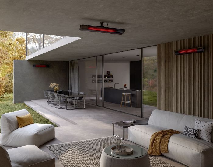 View of a terrace with three Heatscope Pure 2400w Radiant Heaters in the colour black mounted on the ceiling