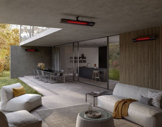 View of a terrace with three Heatscope Pure 3000w Radiant Heaters in the colour black mounted on the ceiling