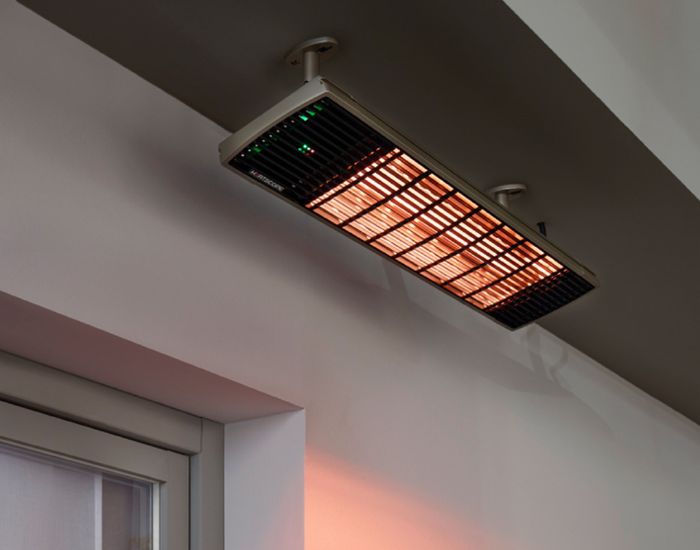 View of the Heatscope Spot 2800w Radiant Heater in the colour black mounted on the ceiling