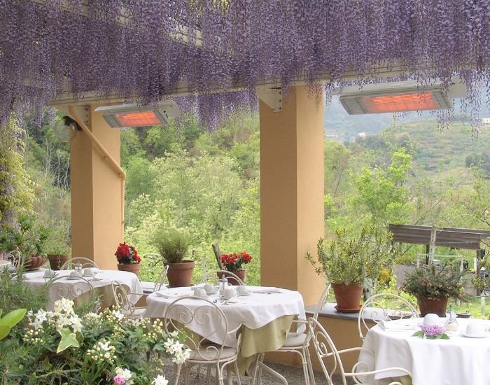 View of a restaurant with two Heatscope Spot 2800w Radiant heaters in the colour white
