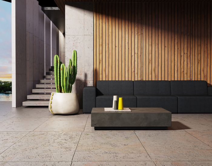 Sofa and the Blinde Design Bloc concrete coffee table in the colour natural